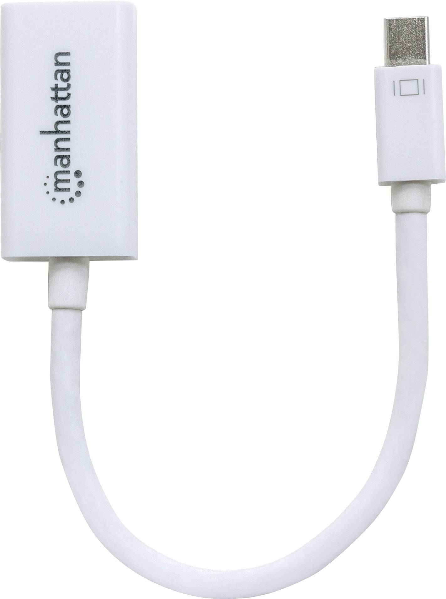 Un adaptateur blanc de Manhattan avec un port mini DisplayPort sur le côté droit et un port HDMI sur le côté gauche.