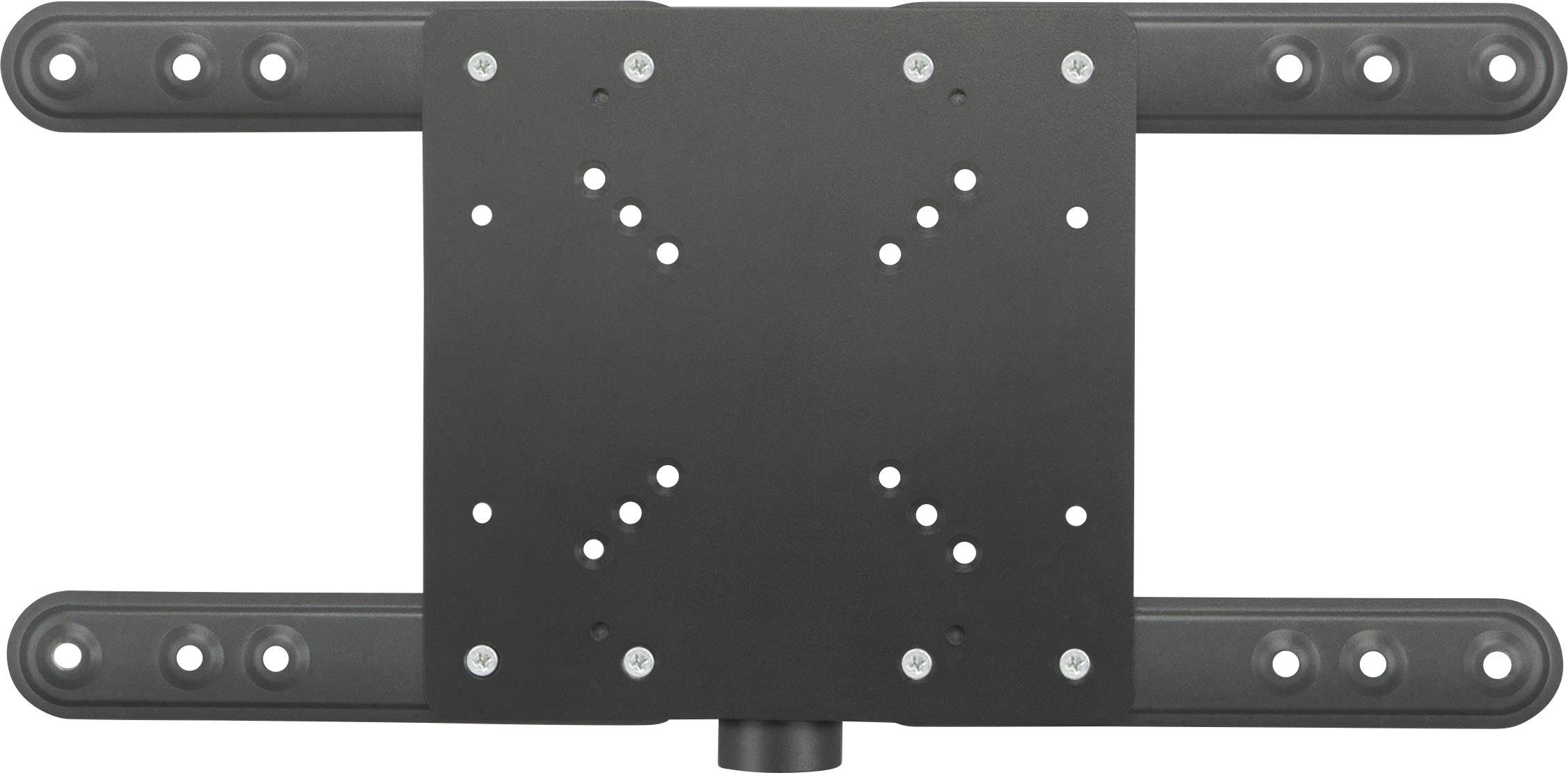 Un support mural noir pour téléviseur avec bras ajustables et plusieurs trous de fixation. Idéal pour un montage flexible des téléviseurs à écran plat.