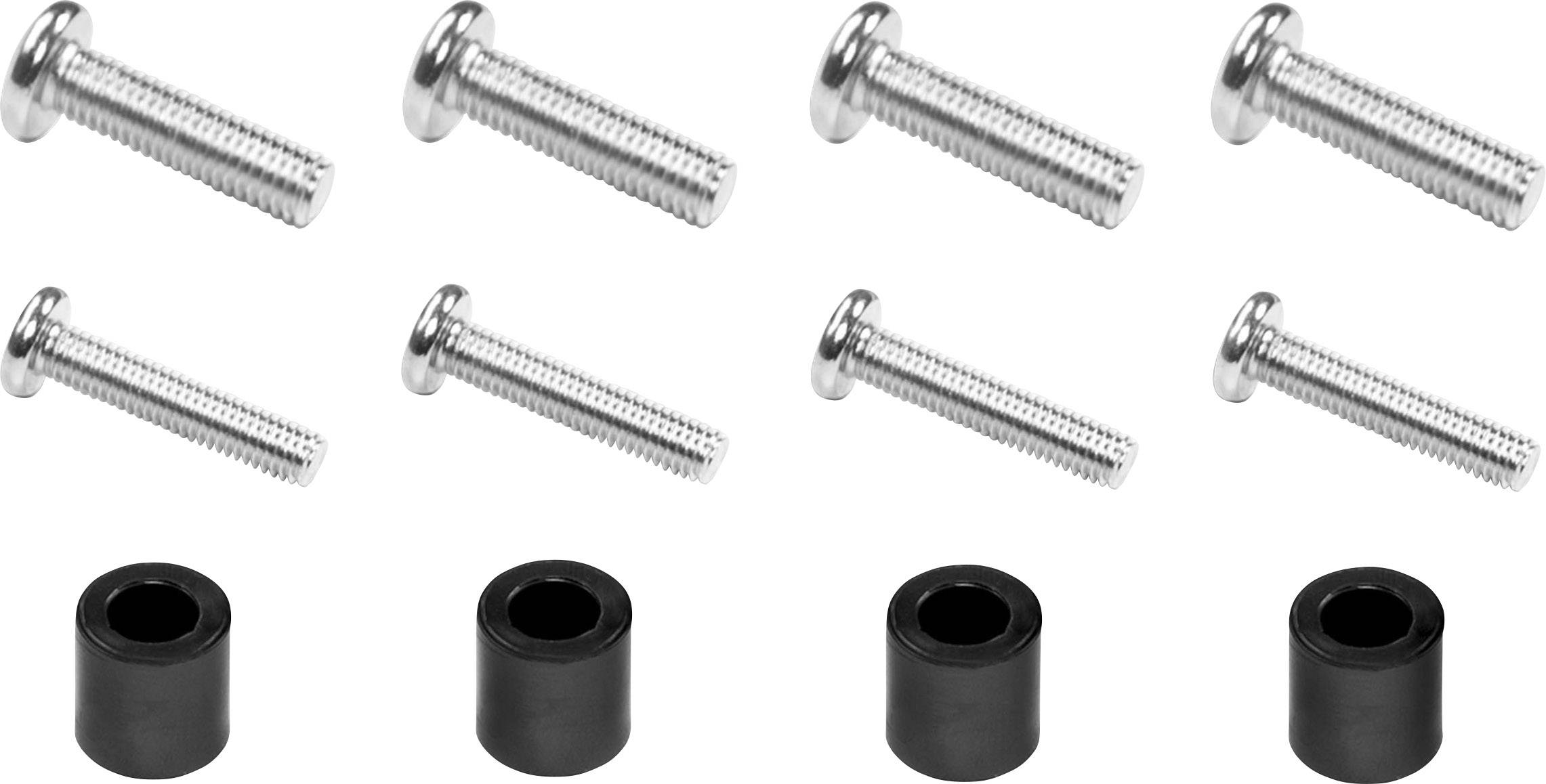 Huit vis en argent et huit entretoises cylindriques noires, disposées en deux rangées, sur un fond blanc.