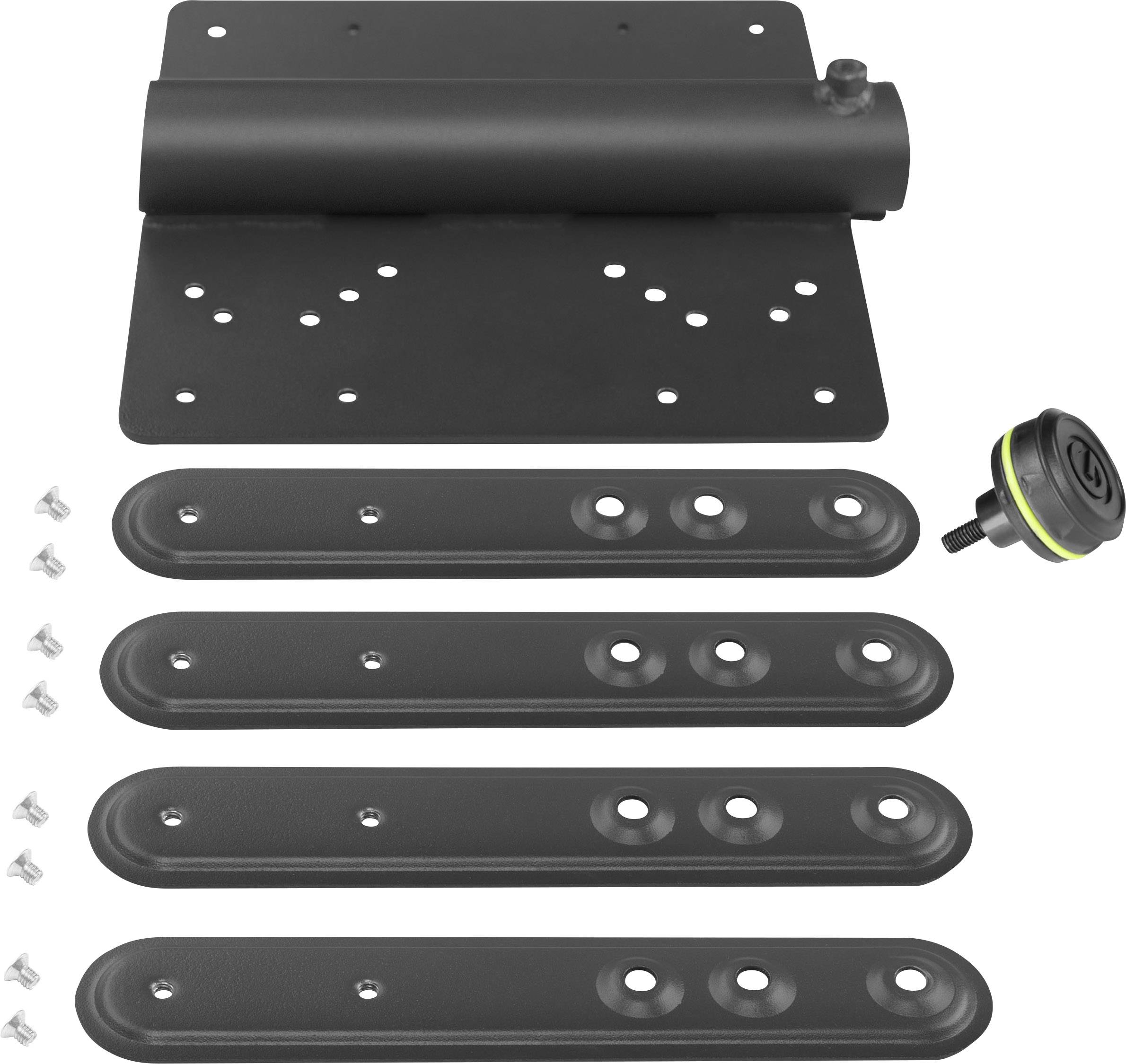 Un ensemble noir composé de vis, de quatre plaques métalliques rectangulaires et d'une plaque plus grande avec une charnière pour la fixation de la porte.