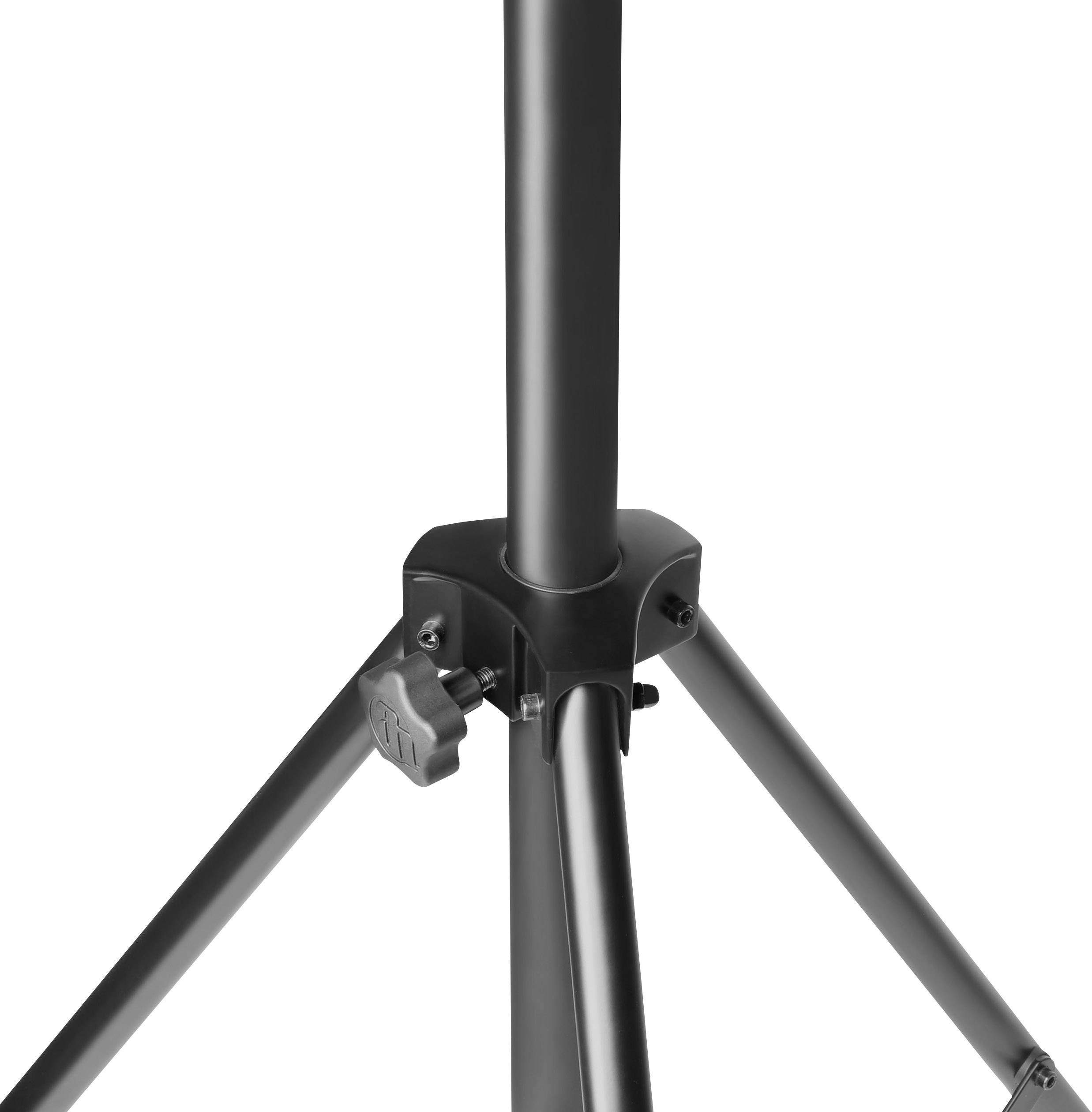 Un trépied noir avec une colonne centrale et trois pieds dépliables. Adapté pour supporter des caméras ou des sources lumineuses.