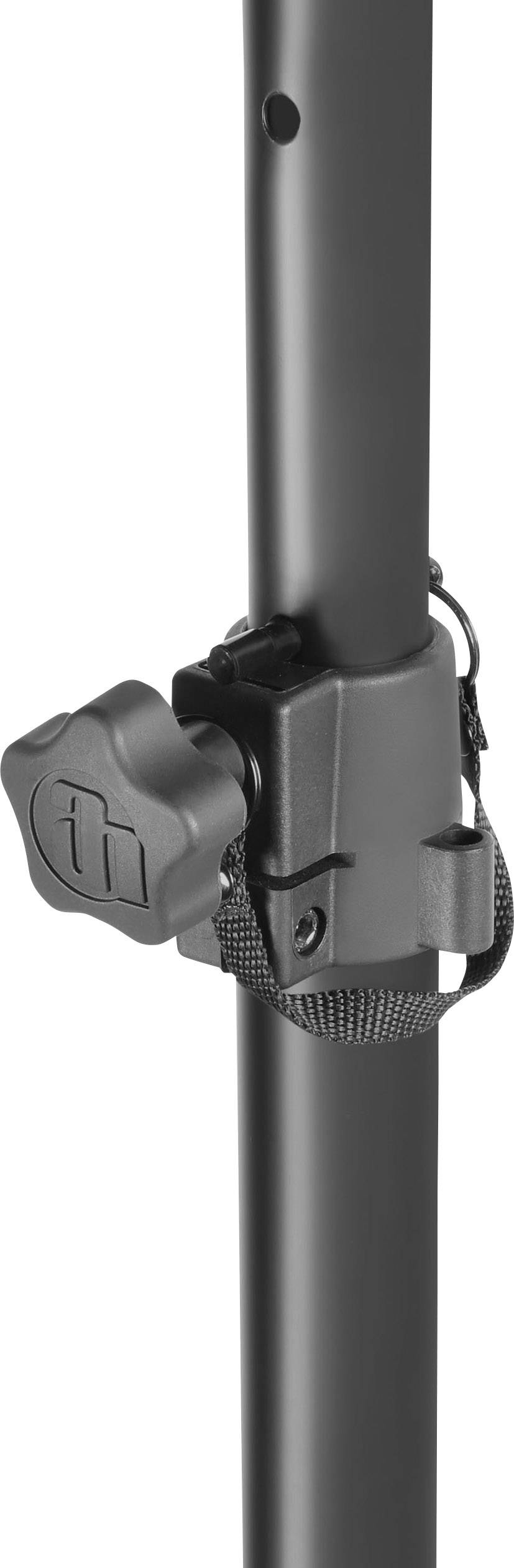 Tige revêtue de noir avec un mécanisme de connexion, sécurisée par une boucle de courroie et une vis, vue détaillée.