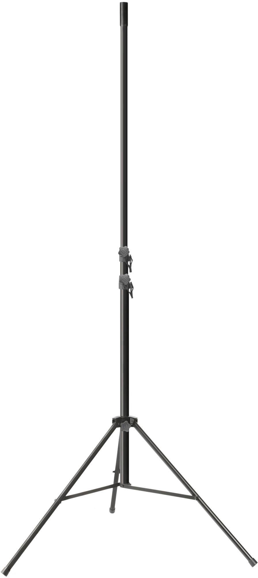 Un trépied à base triangulaire et colonne centrale réglable, adapté pour supporter des appareils tels que des caméras ou des haut-parleurs.