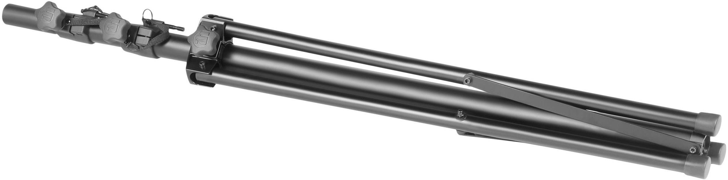 Un trépied noir plié. Adapté pour l'équipement photographique. Design léger avec des segments réglables.