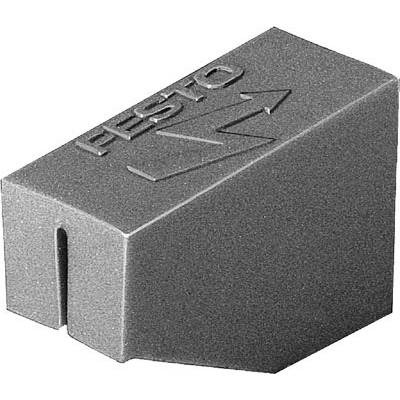 Un bloc en plastique gris portant l'inscription 'Festo' et une flèche. Le bloc a une forme rectangulaire avec une encoche en forme de rainure.