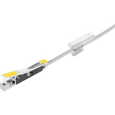 Un connecteur de sécurité avec un câble connecté, auquel est fixé un support de protection transparent.