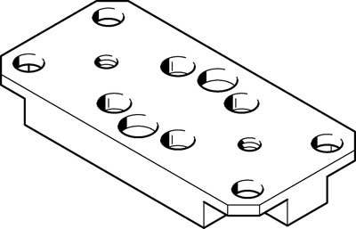 Dessin technique d'une plaque métallique rectangulaire plate avec plusieurs trous de différentes tailles et des coins arrondis.
