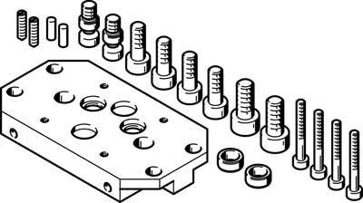 Dessin technique d'un kit de montage comprenant différentes vis et une plaque de base, destiné aux connexions mécaniques.
