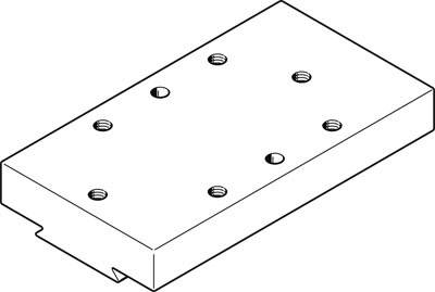 Une pièce métallique rectangulaire présentant plusieurs trous de vis en surface.