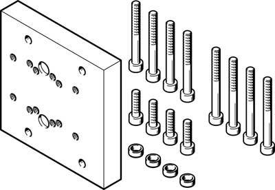 Dessin technique d'un ensemble de plaques de montage avec vis de fixation et écrous. Montre la disposition des pièces.