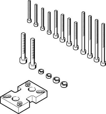 Illustration d'un ensemble technique : Plusieurs vis de différentes longueurs, des écrous et un support rectangulaire avec des perçages.