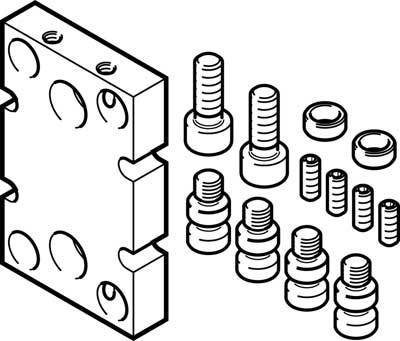 Vue éclatée d'une plaque métallique avec différentes vis et écrous, illustrant la disposition des pièces pour l'assemblage.