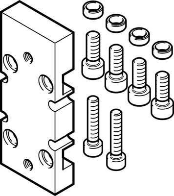Dessin technique d'un kit de montage comprenant une pièce métallique plate, cinq vis et six bagues utilisées pour la fixation.