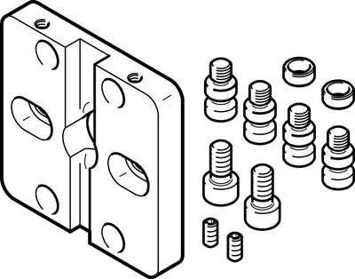 Dessin technique d'une charnière avec vis et écrous. Montre les composants et la disposition pour la fixation ou l'assemblage.