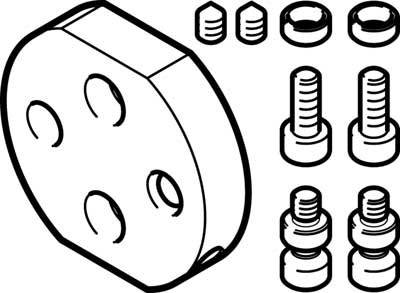 Diagramme d'un kit de montage avec des boulons, des vis et des pièces de connexion regroupés autour d'une plaque centrale.