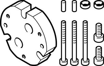 Illustration d'un ensemble de montage comprenant un disque, des vis, des écrous et des boulons utilisés pour la fixation ou la construction.