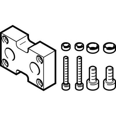 Illustration des pièces détachées pour un montage de meuble : un connecteur en bois, quatre vis, deux rondelles et deux écrous.