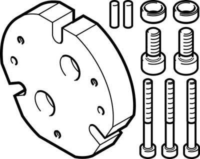 Dessin d'une pièce mécanique avec des vis et des douilles. La pièce principale est circulaire avec des découpes, entourée d'accessoires de fixation.