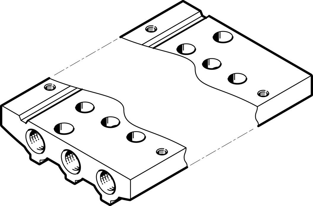 Dessin technique d'une pièce métallique rectangulaire comportant plusieurs perçages et points de fixation, probablement destinée à des applications mécaniques.
