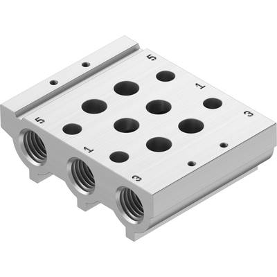 Bloc métallique de forme carrée avec plusieurs trous et filetages. Adapté pour des applications industrielles.