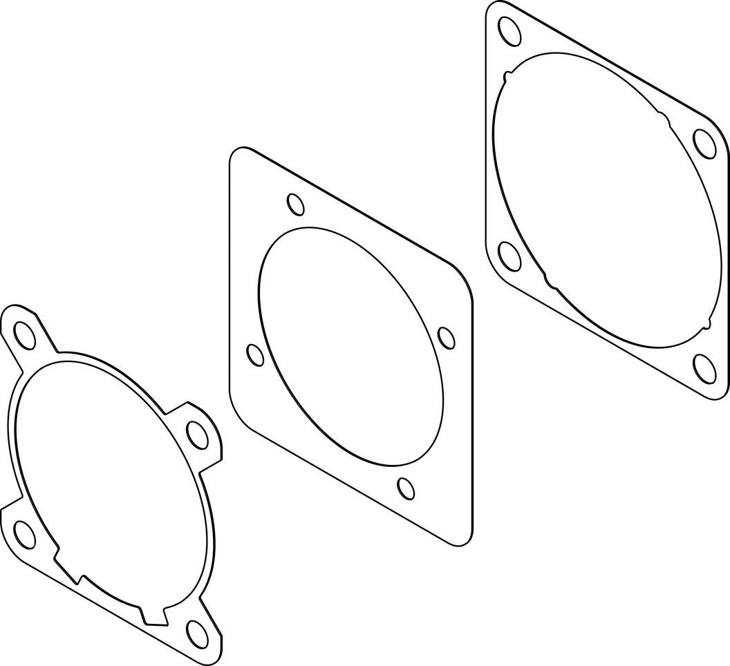 Trois formes d'étanchéité différentes en noir et blanc, disposées côte à côte, avec un grand trou rond au centre de chacune.