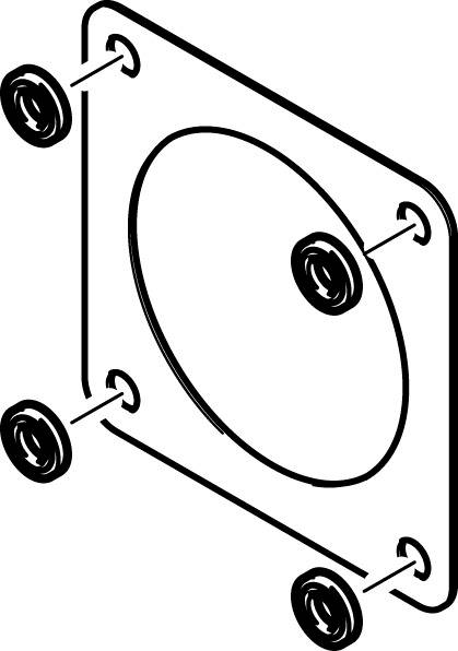 Dessin technique d'une plaque carrée avec un trou central, entourée de quatre vis. Illustre la méthode de fixation.