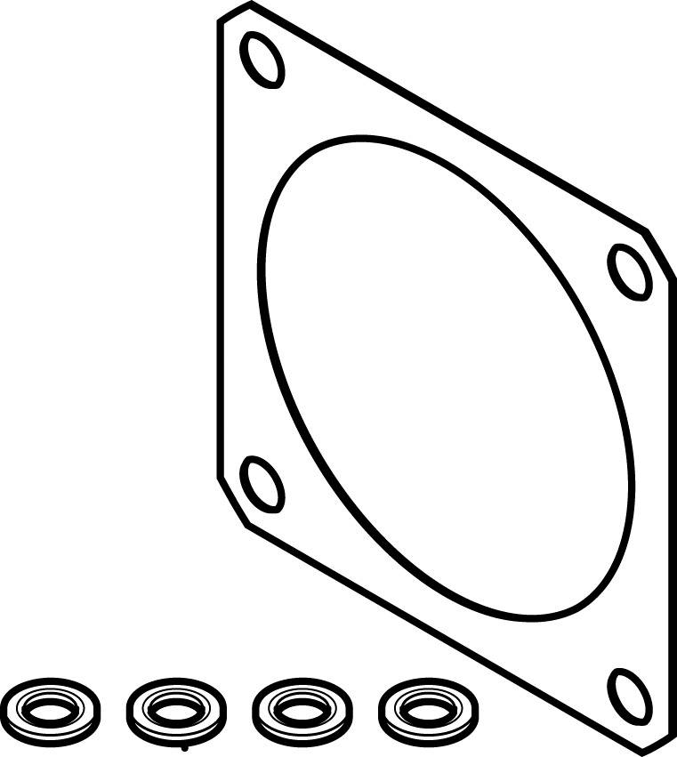 Un dessin technique montre une plaque carrée avec un grand trou central et quatre petits trous dans les coins. En dessous sont représentés quatre petits anneaux.