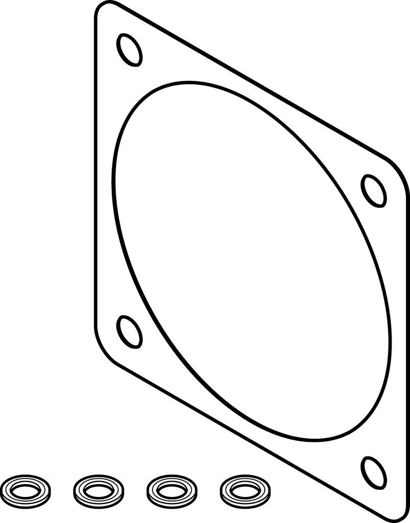 Une pièce à bride carrée avec une ouverture circulaire et quatre trous de vis. En dessous, quatre rondelles alignées.
