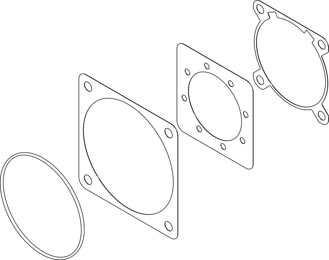 Vue éclatée d'un joint d'étanchéité circulaire et de trois brides rectangulaires disposées les unes au-dessus des autres pour le montage.