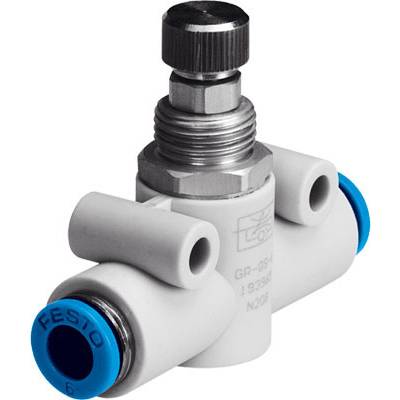 Une vanne de régulation pneumatique avec deux capuchons de connexion bleus et une roue de réglage métallique. Marquée 'Festo' sur les capuchons.