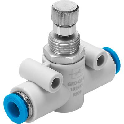 Une vanne en plastique à trois connexions, deux d'entre elles en blanc avec des extrémités bleues, et un bouton de réglage rotatif en haut.