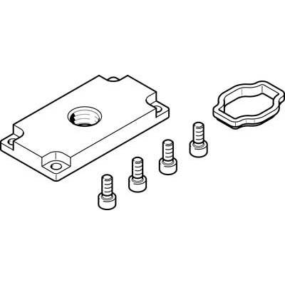 Dessin technique d'un kit de montage comprenant une plaque rectangulaire, quatre vis et un joint ; illustrant les composants d'assemblage.