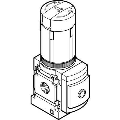 Dessin technique d'une vanne pneumatique avec une poignée circulaire en haut et des orifices de raccordement sur les côtés.