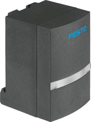 Un entraînement à commande électrique de Festo, conçu dans un design compact rectangulaire noir avec des touches bleues.