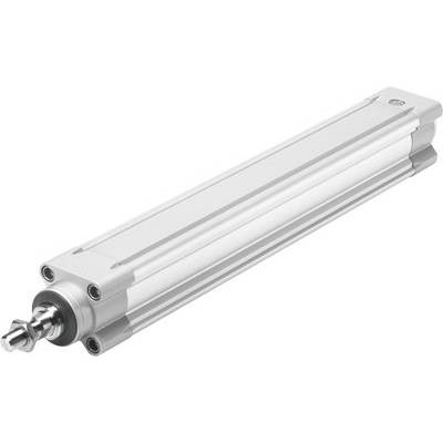 Cylindre avec un boîtier rectangulaire argenté et un piston métallique. Composant typique dans les applications industrielles.