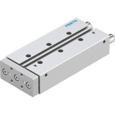 Un chariot pneumatique de Festo, argenté avec des perforations latérales et deux pistons. Utilisé dans des systèmes automatisés.