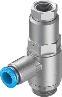 Une valve pneumatique cylindrique en argent avec un couvercle de connexion bleu sur le côté, marquée 'FESTO'.