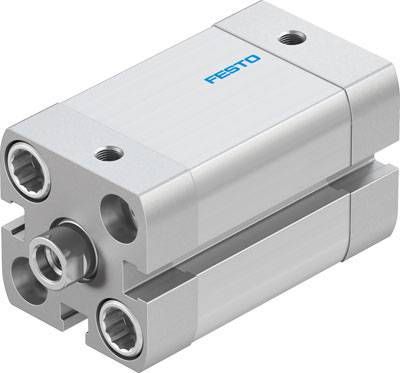 Cylindre pneumatique Festo argenté, de forme compacte, avec plusieurs raccordements et marquage de marque bleu sur le dessus.