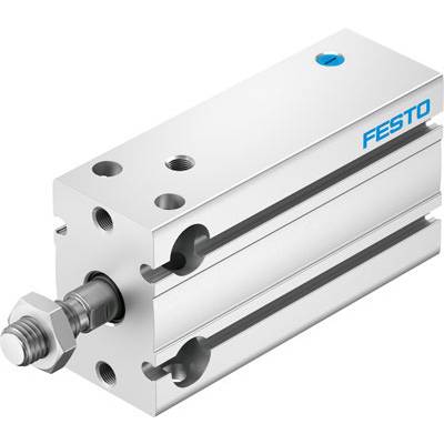 Cylindre de Festo, métal argenté, conception compacte, trous de vis et piston apparents, adapté aux applications industrielles.