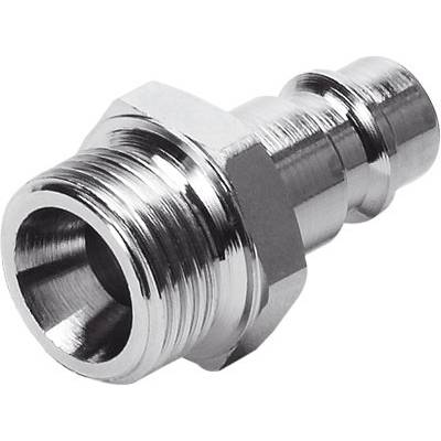 Adaptateur métallique de forme cylindrique avec filetage et raccord cannelé, utilisé pour les connexions dans les systèmes pneumatiques.