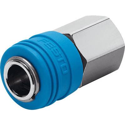 Connecteur pneumatique bleu et argent avec filetage métallique, nom de marque 'Festo' sur l'anneau en plastique bleu.