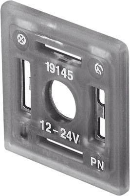 Cadre en plastique gravé '19145 12-24V PN', utilisé pour des composants électriques.