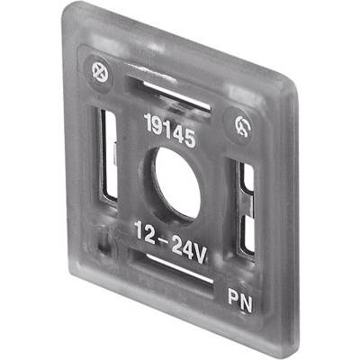 Cadre en plastique gravé '19145 12-24V PN', utilisé pour des composants électriques.
