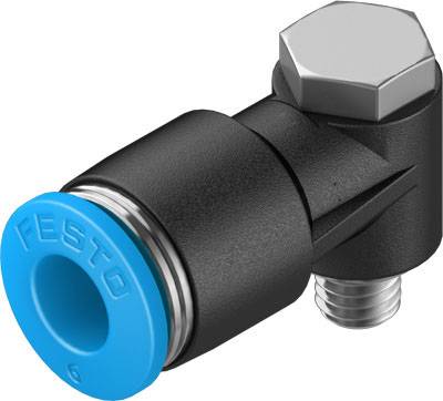 Connecteur pneumatique angulaire 'Festo' en métal avec joint d'étanchéité bleu, corps noir et écrou hexagonal argenté, vue latérale.