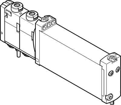 Dessin technique d'une vanne, rectangulaire avec des raccordements latéraux et deux embouts terminaux ronds, avec un tracé de lignes détaillé.