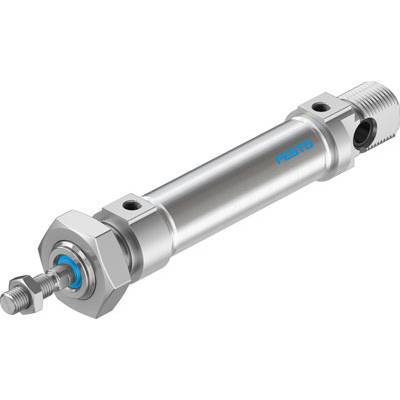 Un vérin pneumatique cylindrique en métal avec des détails bleus.