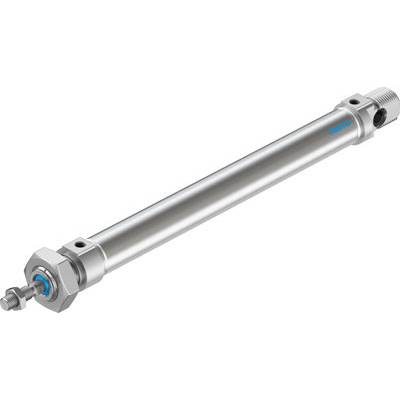 Un cylindre pneumatique cylindrique en métal avec des joints d'étanchéité bleus, positionné horizontalement.