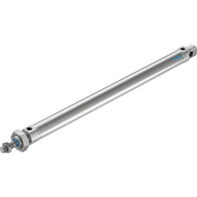 Un cylindre pneumatique argenté de forme cylindrique, muni d'éléments de fixation à chaque extrémité, portant un logo bleu.