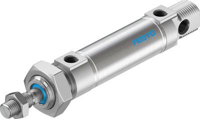 Un vérin pneumatique cylindrique en métal de la marque 'Festo', destiné à des applications mécaniques.