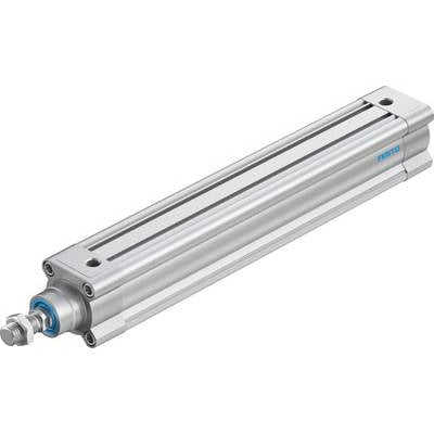 Un cylindre pneumatique argenté de forme oblongue avec des joints bleus, utilisé pour contrôler le mouvement dans les machines.